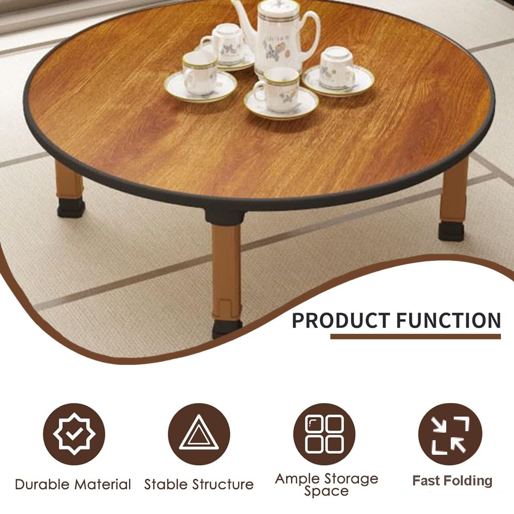 BUSVORES Japanese Foldable Coffee Table, Portable Low Tea Table Wooden Folding Dining Study Breakfast Serving Table Collapsable Small Desk Tatami Sitting On The Floor Table (23.6 * 11.8in, Round) BUSVORES