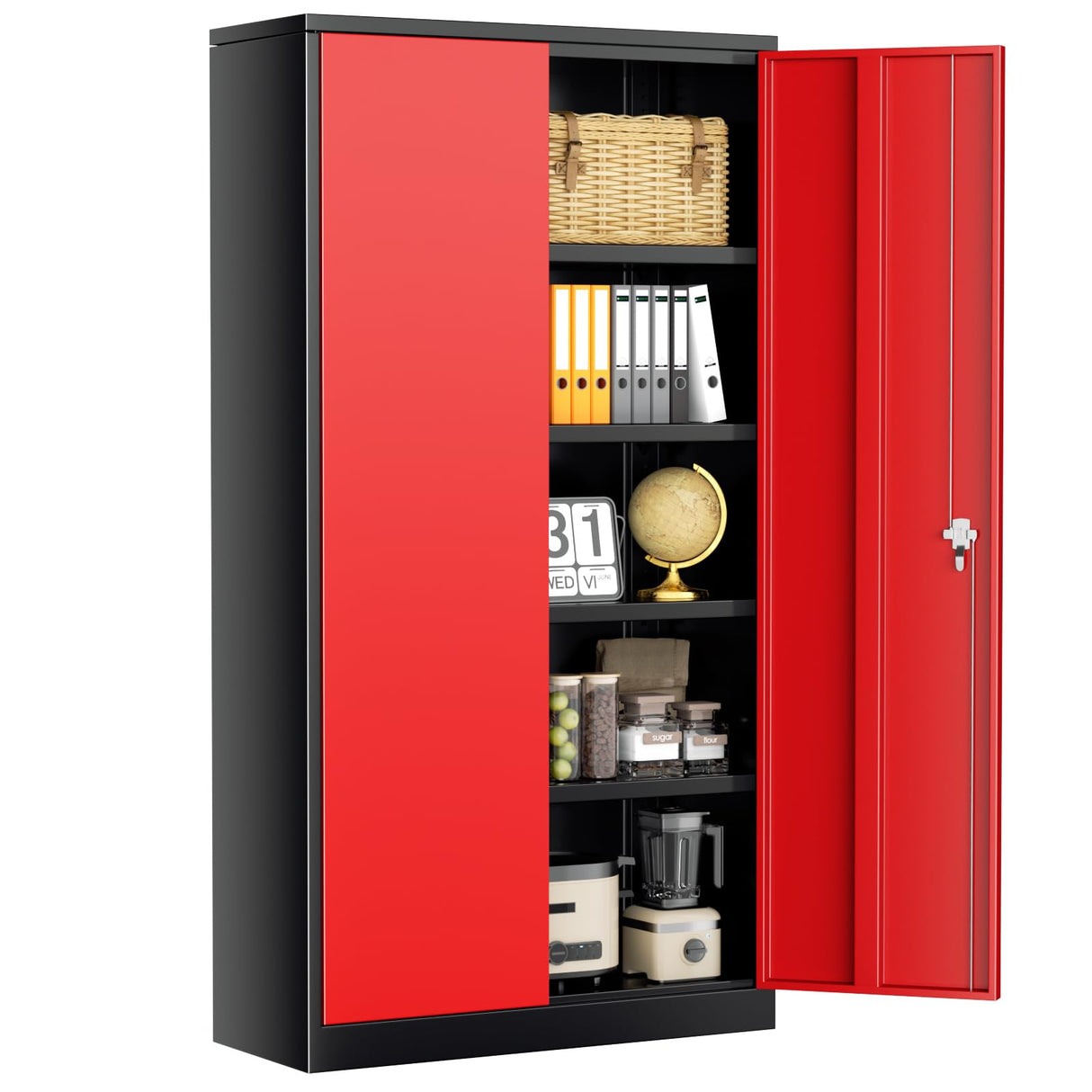 INTERGREAT Storage Cabinet, 72” Black Red Garage Steel Locking Cabinet with Doors and 4 Adjustable Shelves, Tall Lockable File &Tool Cabinet for Home Office, Metal Classroom Cabinet Basement INTERGREAT