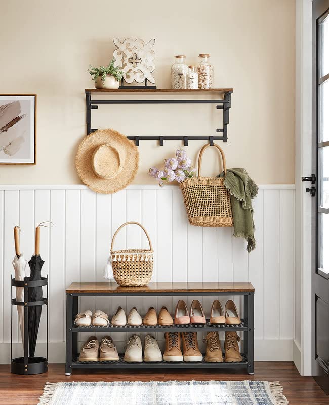 VASAGLE, 3-Tier Shoe Rack, Shelf Storage Bench with Metal Mesh Shelves and Seat, Free Standing Shoe Organizer for Entryway, 11.8 x 39.4 x 17.7 Inches, Rustic Brown and Black ULBS078B01 VASAGLE