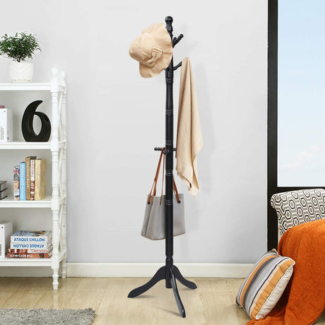 Tangkula Wood Coat Rack Freestanding, Entryway Height Adjustable Coat Stand with 9 Hooks & Stable Tri-Legged Base, Rubber Wood Coat Tree Hall Tree Coat Hanger Stand for Home Office Hall Entryway Tangkula