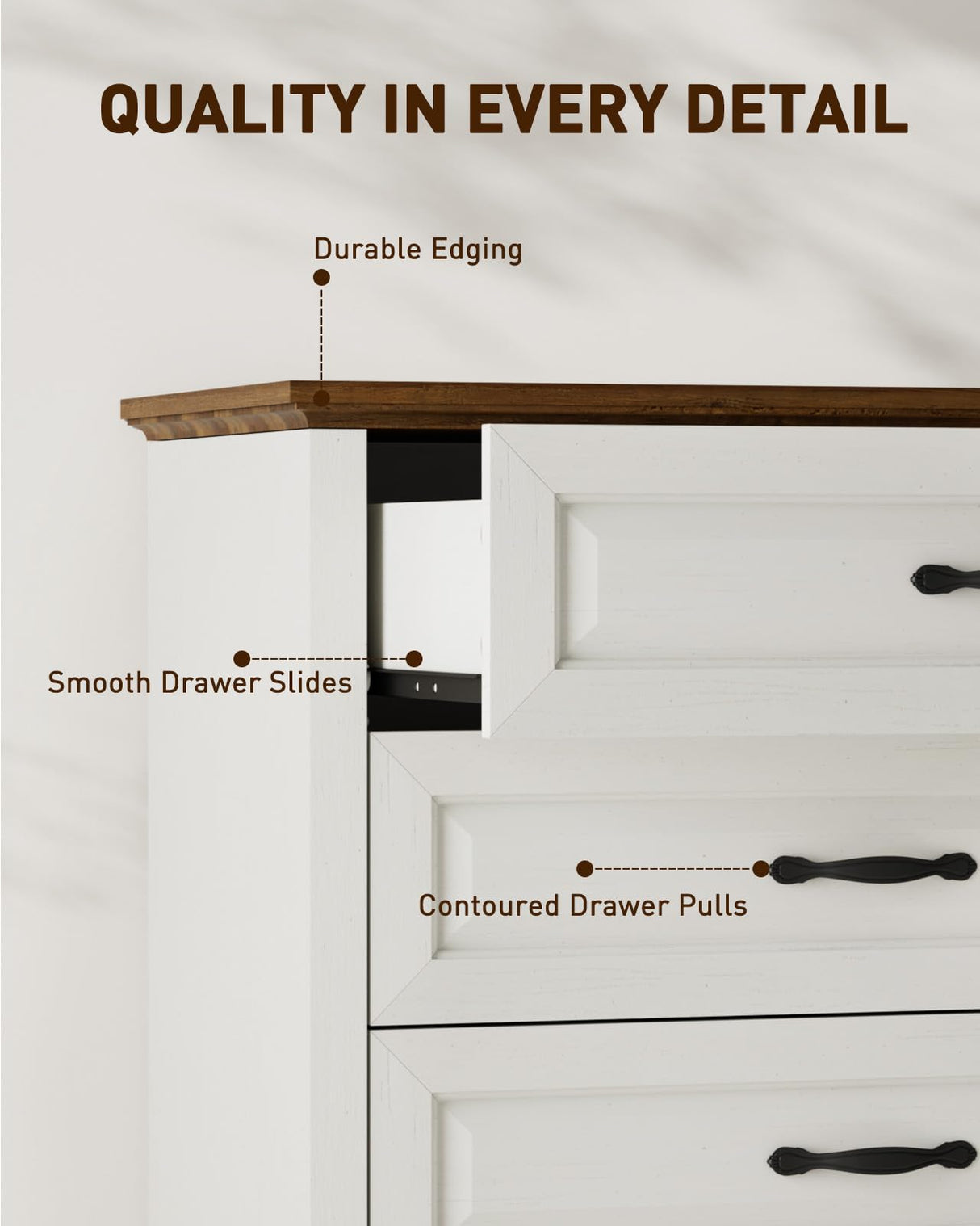 Amada 5 Drawer Dresser for Bedroom with Wood Drawers, Supports up to 22 lbs per Drawer, Anti-Tip Design for Safety, 5 Farmhouse Dresser Drawer Unit for Bedroom, Nursery, Living Room, Brown and White AMADA HOMEFURNISHING