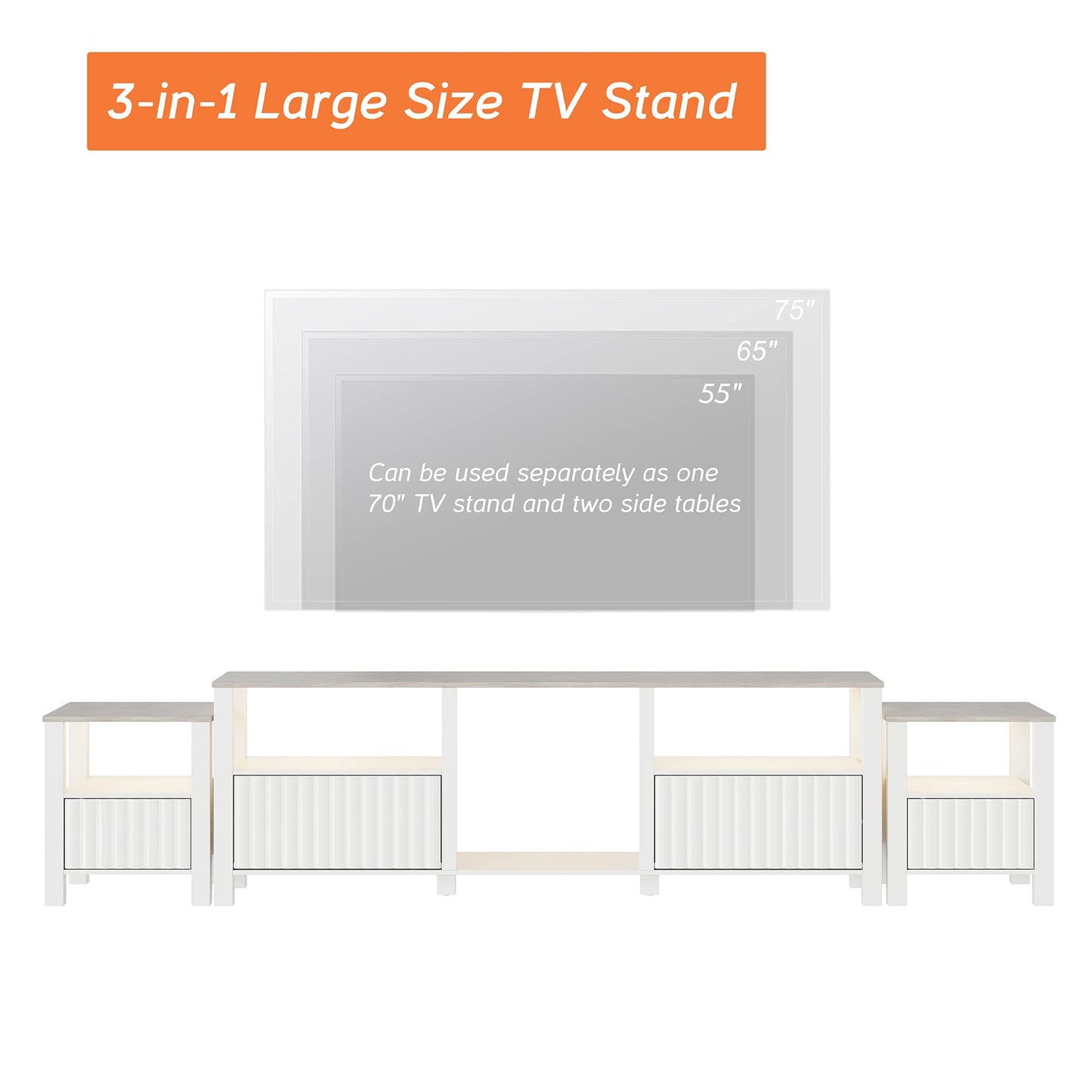 WAMPAT Large TV Stand for 95 Inch TV, White Entertainment Center for 80-100 Inch TV with LED Light & Cubby, White Television Stands with Faux Marble Tabletop for Living Room Bedroom Office