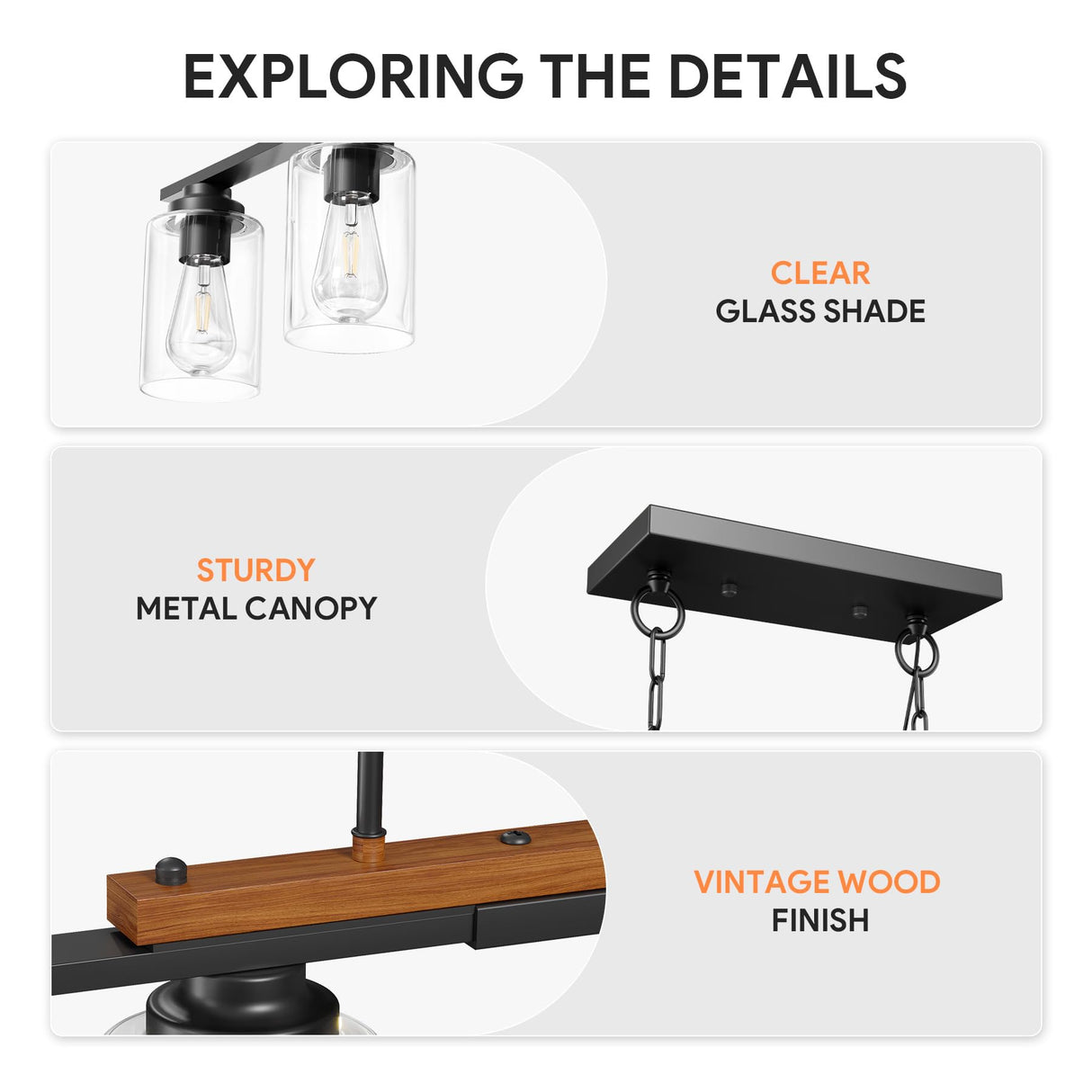 VONLUCE Dining Room Light Fixture Over Table, 4-Light Kitchen Island Lighting with Glass Shade and Adjustable Rods, Farmhouse Linear Chandelier Pendant Light for Kitchen Living Room, Matte Black VONLUCE