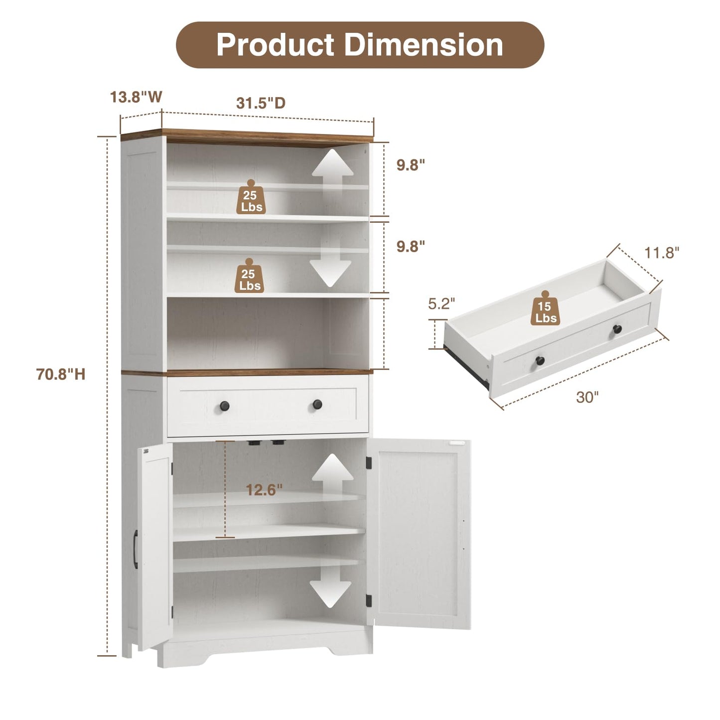 71"H Farmhouse Storage Cabinet with Barn Doors and Adjustable Shelves, Tall Kitchen Pantry Cabinet, Floor Standing Bookshelf 5 Tier Bookcase for Living Room, Garage, Basement,Bathroom, White