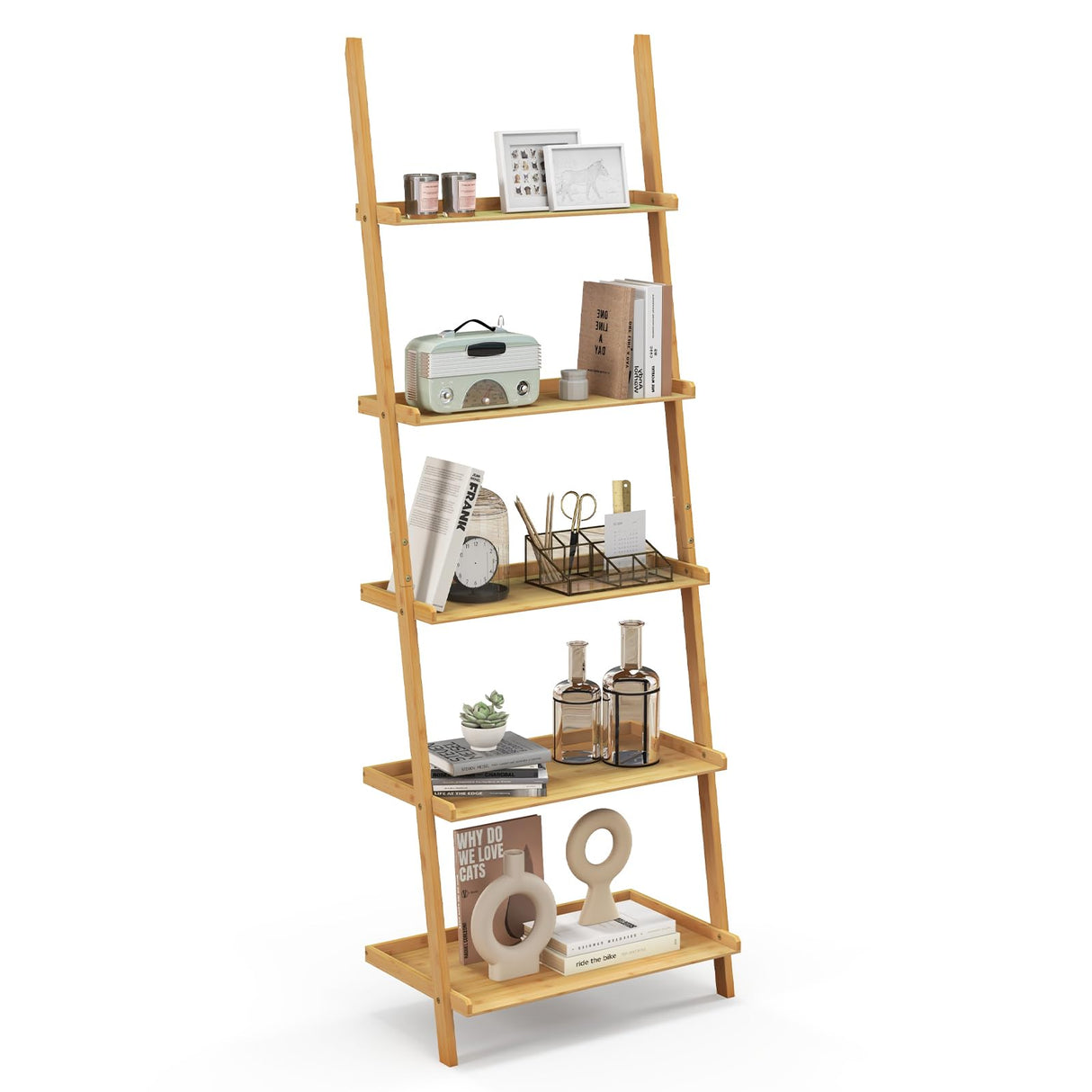 Tangkula 5-Tier Ladder Shelf Bookcase, Bamboo 72”H Wall-Leaning Bookshelf with Baffles and Anti-Tipping Kits, Plant Stand for Living Room Bathroom Home Office Decor, Ladder Bookshelf, Natural Tangkula