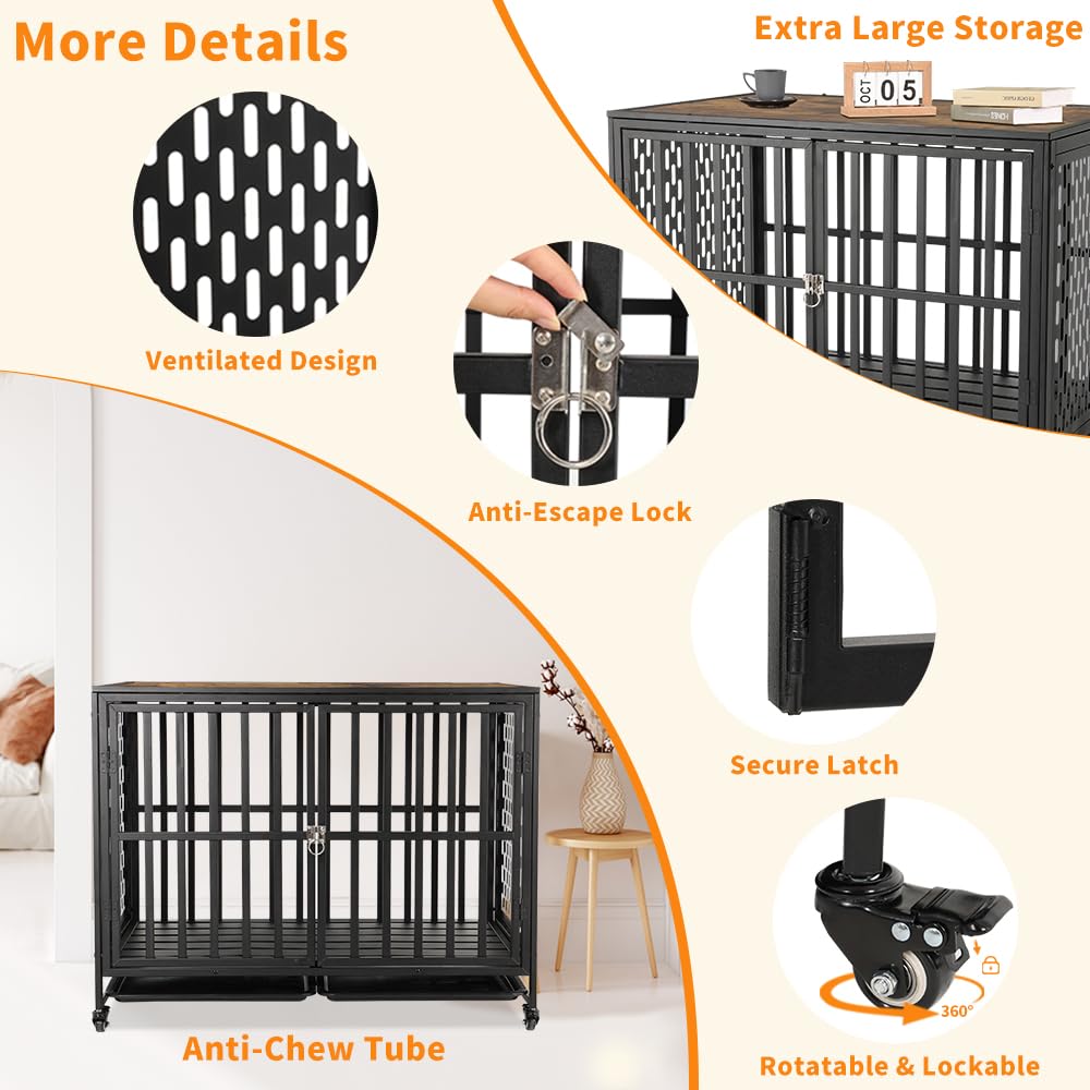 HIDOG 42'' Dog Crate Furniture, Wooden Dog Kennel with Lockable Wheels, Dog Crate End Table with Trays, Decorative Dog Kennel Indoor, Heavy Duty Dog Cage for Medium Large Dogs, Rustic Brown HIDOG