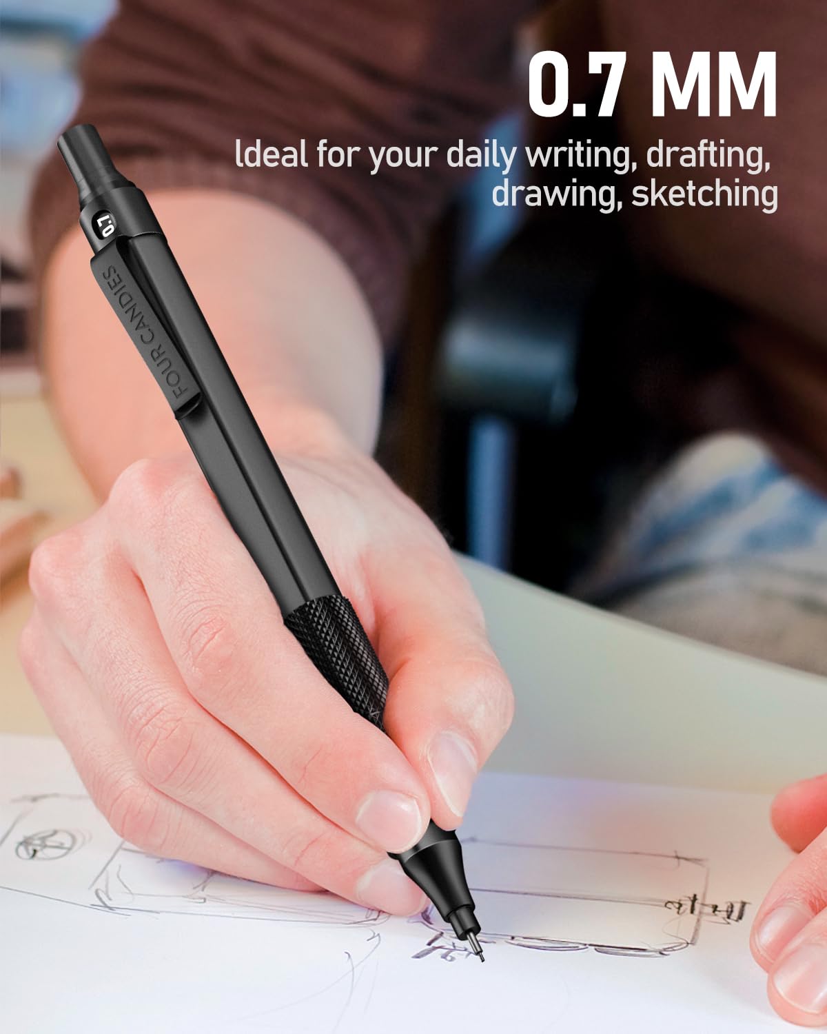 Four Candies Mechanical Graphite Pencil Set, 3pcs Black Metal Pencils with Anti-Skid Grip, Ideal for Artists, Professionals, Teachers and Students Four Candies