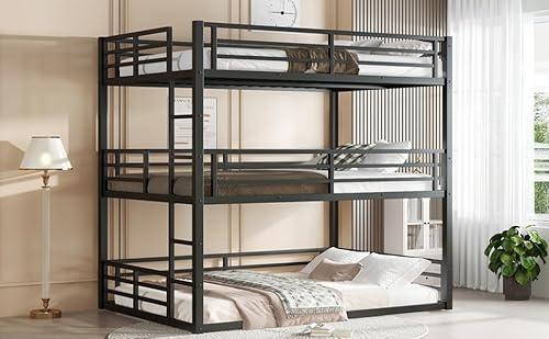 Harper & Bright Designs Heavy Duty Triple Bunk Bed, Full Over Full ove Full Bunk Bed with Ladders, Metal Bunk Beds with Guardrails for Kids, Teens, Adults, Noise-Reduced, Black Harper & Bright Designs