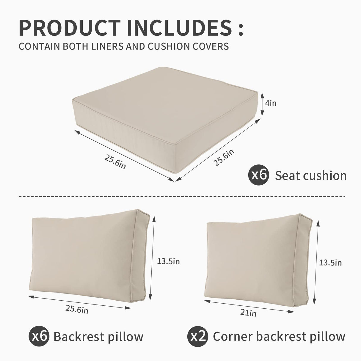 Valita Outdoor Furniture Replacement Cushions, Fits 6-seat Sectional Rattan Conversation Set, 14-Piece Patio Water-Resistant Replacement Sofa Cushions, Liner&Cover (Khaki) Valita