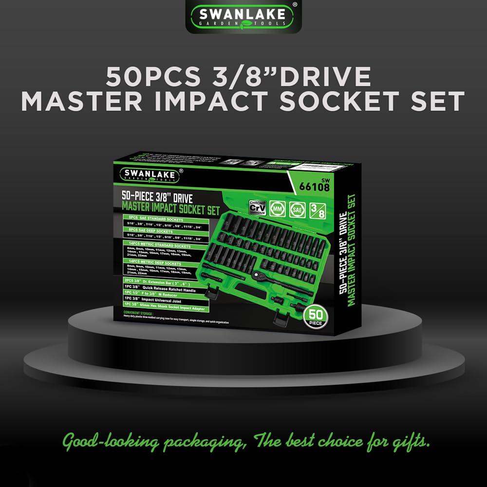 SWANLAKE 3/8" Drive Impact Socket Set, 50-Piece Standard SAE (5/16 to 3/4 inch) and Metric (8-22mm) Size, 6 Point, Cr-V, 3/8-Inch Ratchet Handle, Extension Bar, Universal Joint SWANLAKE GARDEN TOOLS