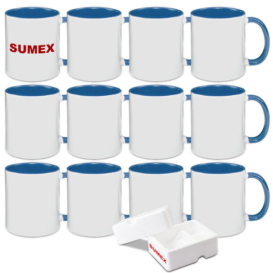 Sumex 11oz Sublimation Blanks Mugs,Set of 12 Ceramic Coffee Mugs for Tea, Milk, Latte,Blue Inner and Handle