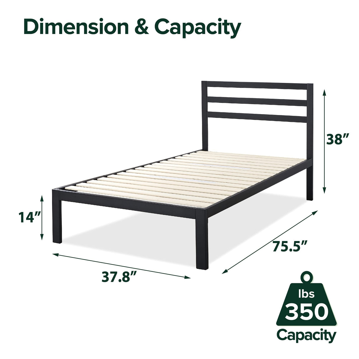 ZINUS Mia Metal Platform Bed Frame with Headboard, Wood Slat Support, No Box Spring Needed, Easy Assembly, Twin ,Black Zinus
