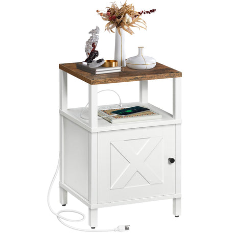 MAHANCRIS Nightstand with Charging Station, Bedside Table with USB&Type-C Ports and Outlets, End Table with Storage, Farmhouse Night Stand for Bedroom, White and Rustic Brown ETRW96E01 MAHANCRIS