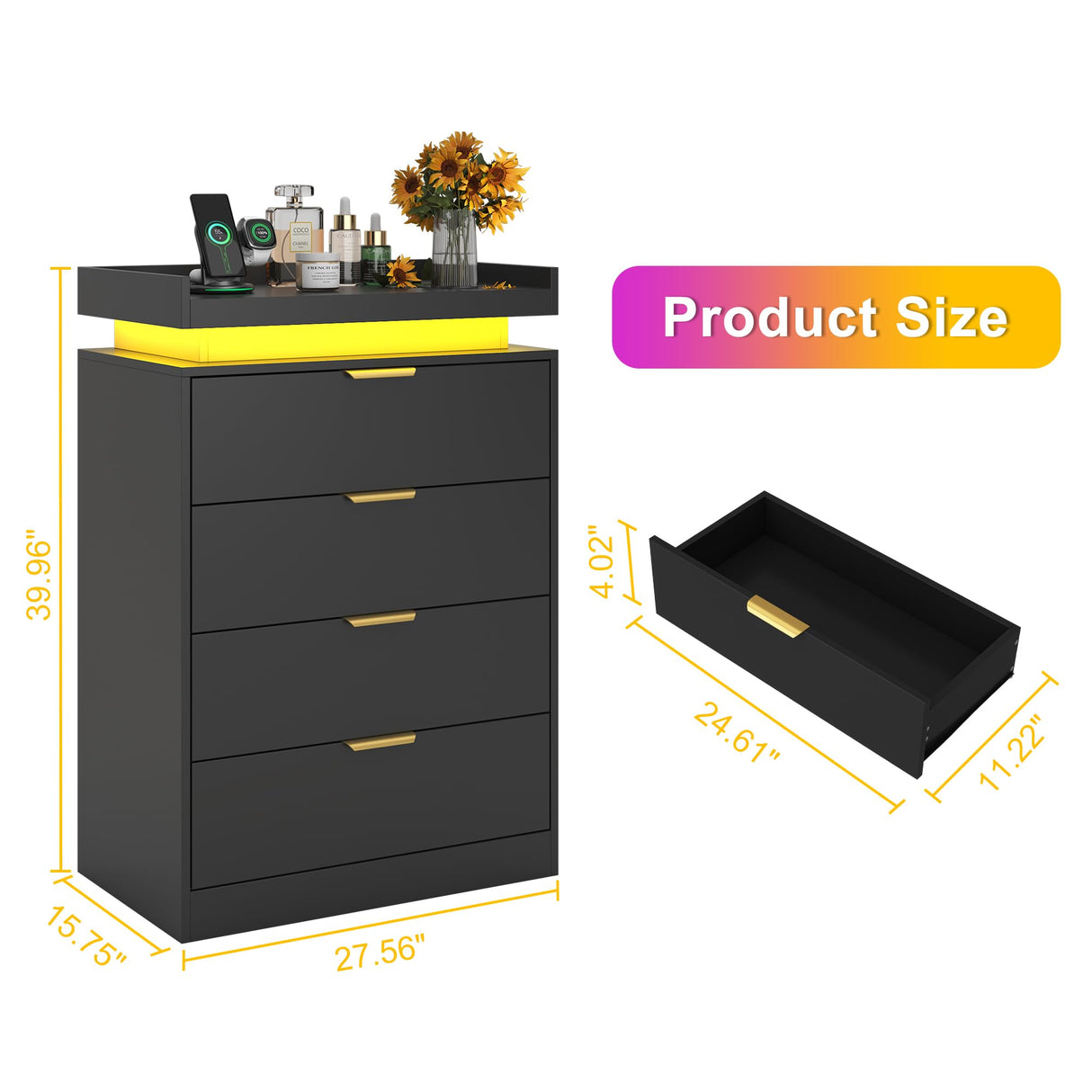 knoworld Black Dresser with LED Lights, Wooden LED Dresser, 4 Drawer Chest with Charging Station, Tall Chest of Drawer Closet Organizer for Bedroom, Living Room, Entryway, Hallway knoworld