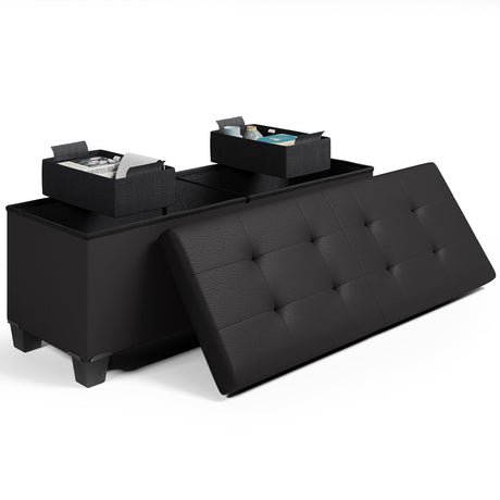 Storage Ottoman Bench with Storage Bins, 43-In Storage Bench for Bedroom End of Bed, Ottoman Foot Rest, Black Ottoman with Storage for Living Room, Bench with Storage Max 660lbs, Faux Leather Ottoman STORAGEBUD