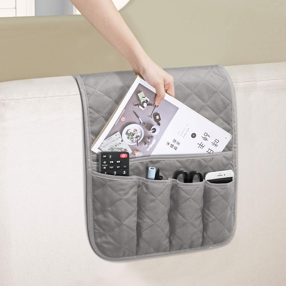 Sofa Armrest Organizer Non-Slip Arm Chair Bedside Caddy Storage Organizer for Recliner Couch with 5 Pockets for Cell Phone TV Remote Control Magazines(Grey) AUVCAS