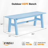 VINGLI 47” Outdoor HDPE Bench, Weatherproof Garden Bench w/Metal Legs, Poly Lumber Porch Benches, 660 LBS Capacity Outdoor Backless Patio Benches for Entryway Deck (Blue) VINGLI