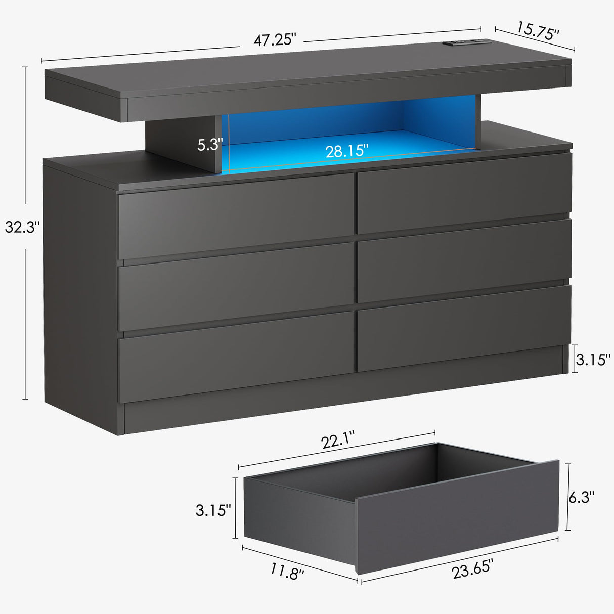 BEWISHOME Black Dresser for Bedroom with Charging Station and LED Lights, 6 Drawer Dresser Chests of Drawers, Wood Dressers for Closet, Modern Wide Dressers with Open Space, TV Stand, Black KCG02B BEWISHOME