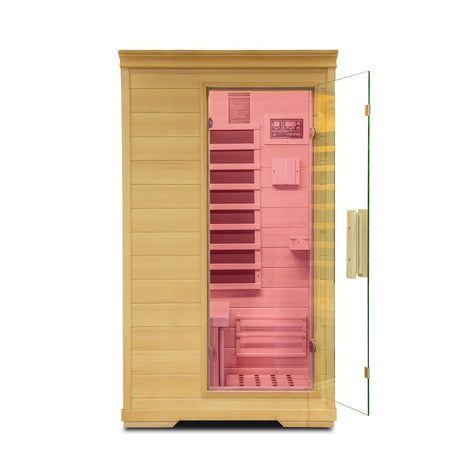 Mini Infrared Sauna,1 Person Indoor Far Infrared Hemlock Wooden Sauna Side-Opening Home Sauna Room with 5 Infrared Heating Panels Digital Controller Bluetooth Speakers Chromotherapy Lights (1050W) Homsido
