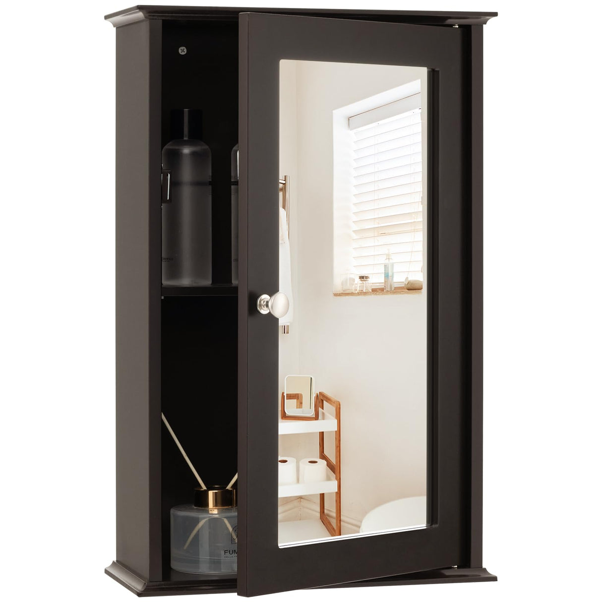 LOKO Bathroom Medicine Cabinet with Mirror, Wall Mounted Storage Cabinet with Single Mirrored Door and Adjustable Shelf for Bathroom, Living Room or Entryway, 13.5 x 6 x 21 inches (Brown) LOKO