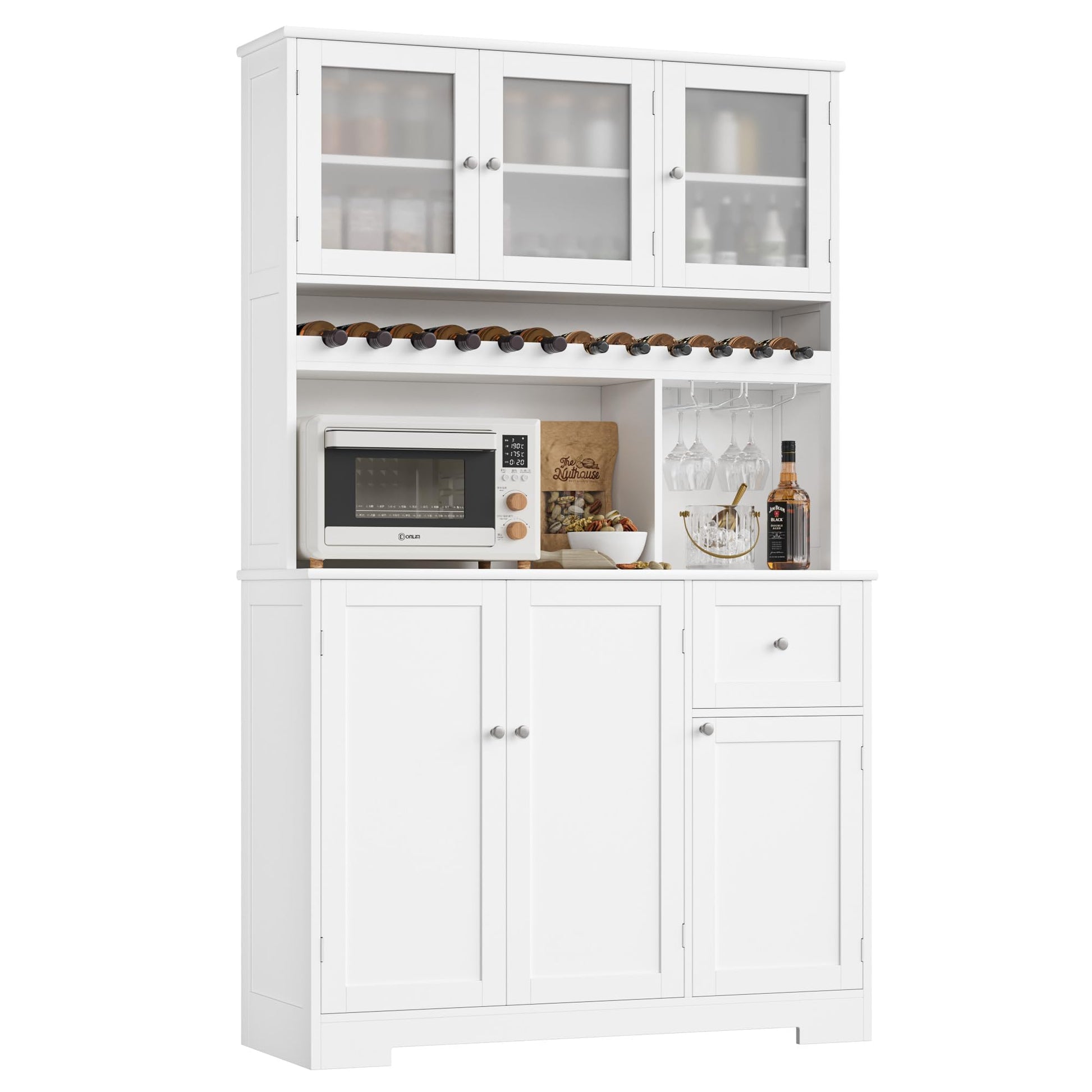 BOTLOG 71" Kitchen Pantry Cabinet, Tall Kitchen Hutch with Microwave Stand, Pantry Storage Cabinet with Wine Rack, Glass Holder for Dining Room, Home Bar, White - WoodArtSupply