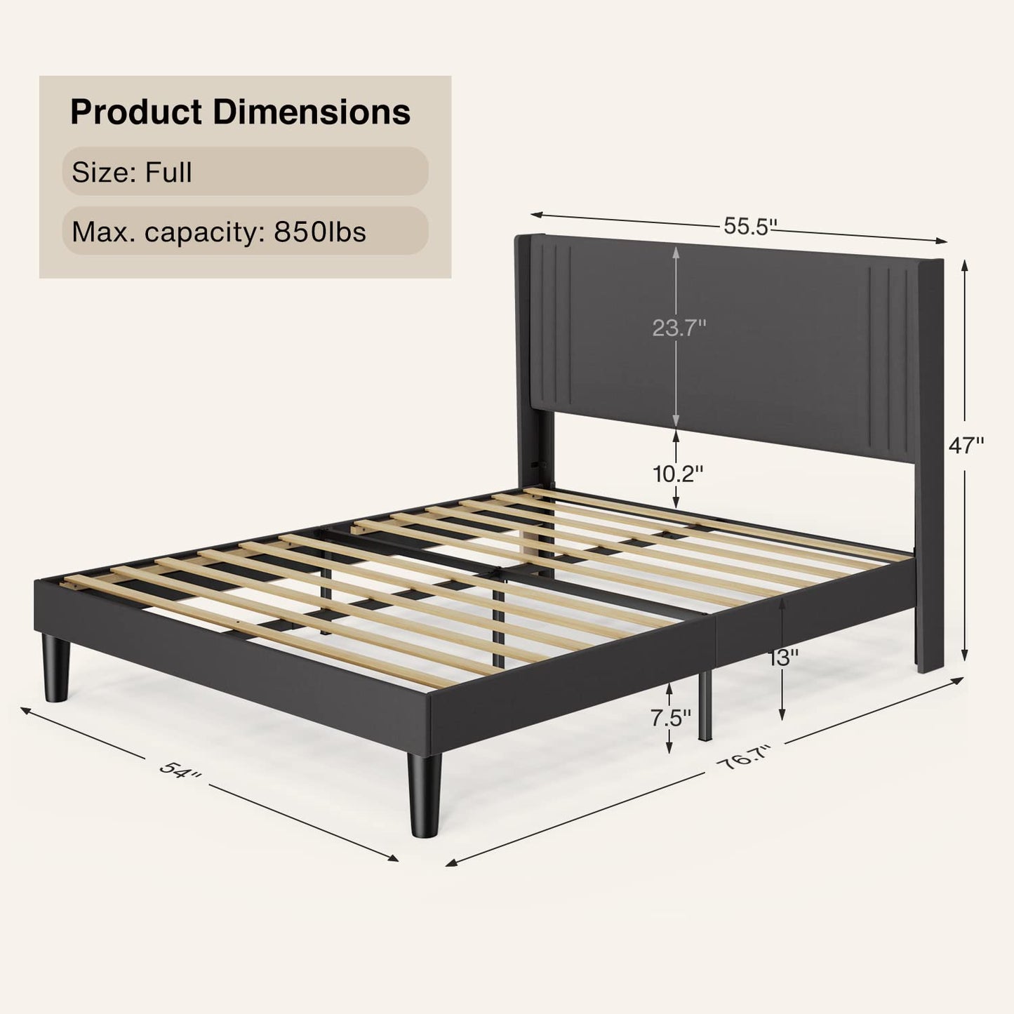 Gizoon Dark Grey Upholstered Full Bed Frame with Wingback Headboard and Wooden Slats - WoodArtSupply