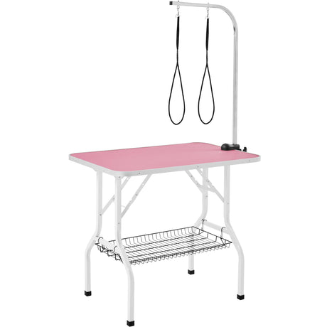 Yaheetech 36'' Dog Grooming Table, Adjustable Pet Foldable Grooming Table w/Double Loops/Mesh Tray Maximum Capacity Up to 220lbs, Pink Yaheetech