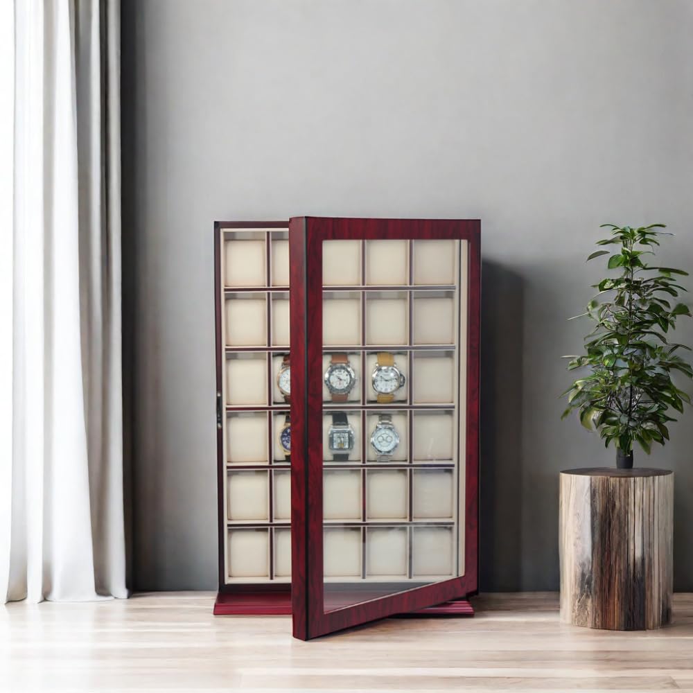 TimelyBuys 30 Piece Cherry Wood Watch Display Wall Hanging Case and Storage Organizer Box and Stand Father's Day TimelyBuys