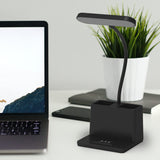 AXX Black LED Desk Lamp for Home Office Bedroom, Battery Operated Table Light for Computer Desktop, Small, Cute, Dimmable, Rechargeable, Flexible Gooseneck, Pen Holder, Phone Mount, Touch Control AXX