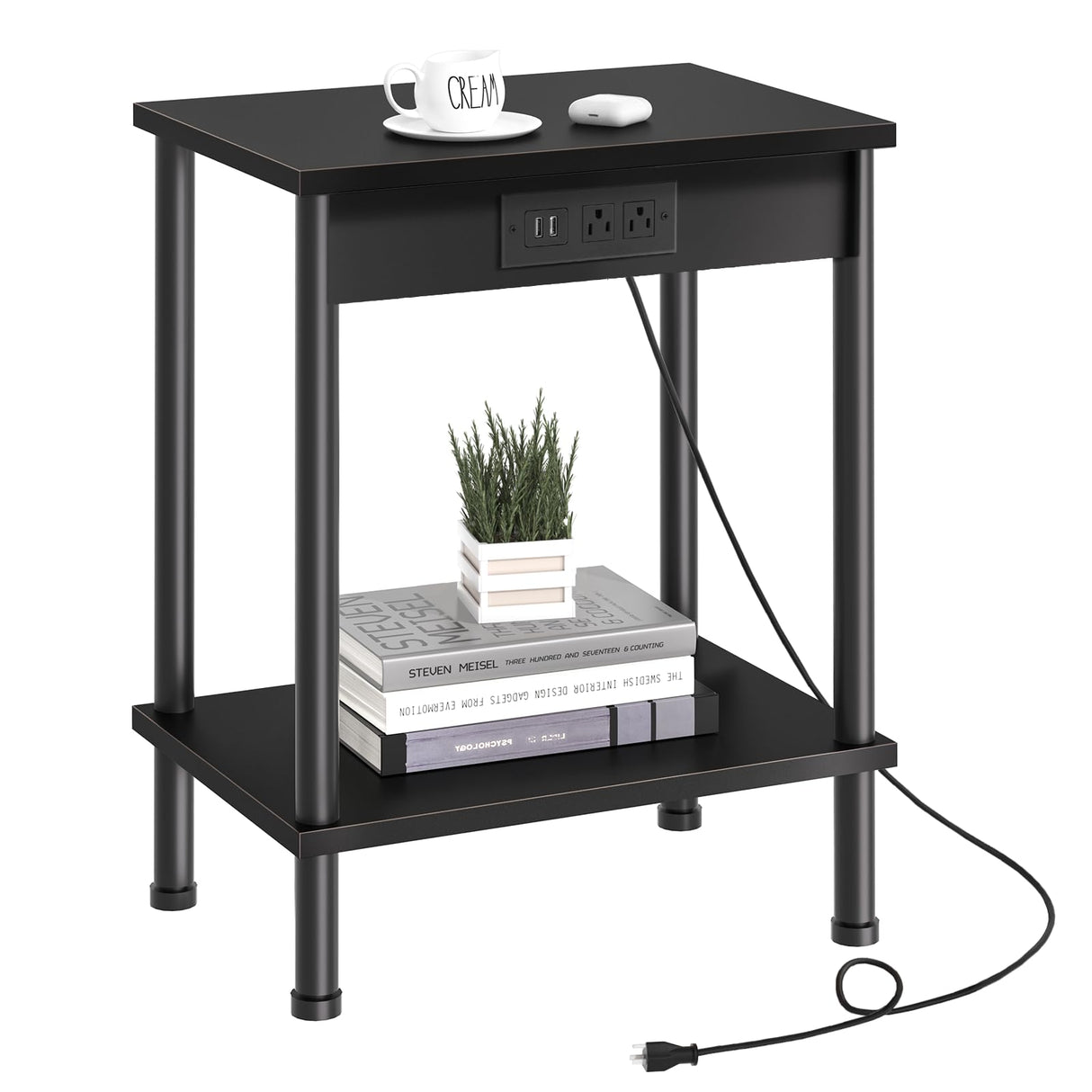 YUFAM End Table with Charging Station,Small Side Table,2-Tier Nightstand with Storage Shelf,Sofa Bedside Table for Small Spaces in Living Room,Bedroom,Office,Easy Assembly,Black YUFAM