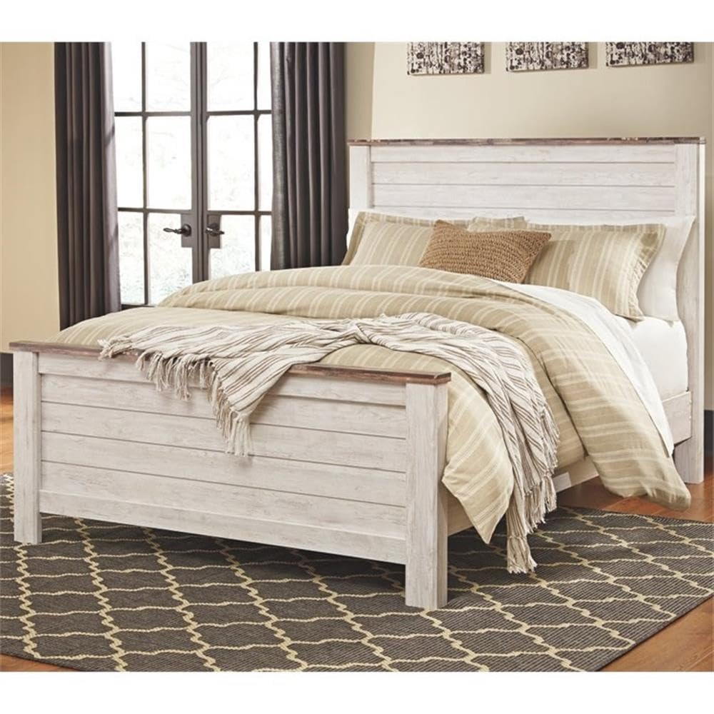 Ashley Furniture Willowton 65" W x 87" D Farmhouse Wood Queen Sized Panel Bed in Whitewash Finish Signature Design by Ashley