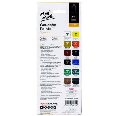 Mont Marte Signature Gouache Paint, 12 x 0.4oz (12ml), Semi-Matte Finish, 12 Colors, Suitable for use with Canvas, Watercolor Paper, Watercolor Paints and Mixed Media Mont Marte