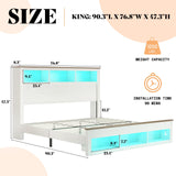 AMERLIFE King Size Bed Frame with Bookcase Storage Headboard and Footboard, LED Platform Bed with Charging Station, No Box Spring Needed, Noise Free, Distressed White AMERLIFE