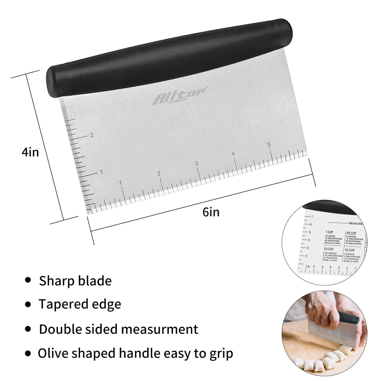 ALLTOP Bench Scraper & Chopper for Kitchen - Ideal Baking Essential Utensil,Stainless Steel Pastry/Dough/Food Cutter Tool for Cake Pizza Bread,Grilling,Cooking - 1 Pack ALLTOP