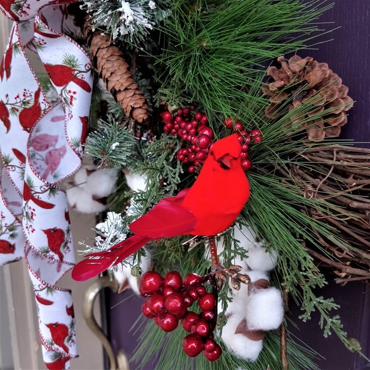 Christmas Wreath with 40 LED Lights with Timer,prelit Christmas Cardinal Bird Grapevine Wreath with Cotton and Red Berries, Woodland Natural Wreath, Red Berries and Cotton, Red Green and White-22inch