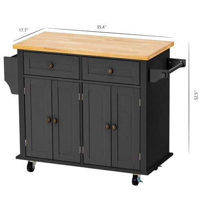 Squireewo Kitchen Cart with Rubber Wood Top Breakfast Bar, Rolling Mobile Kitchen Island Table on Wheels with Drawer and Storage Cabinet, Spice Rack, Towel Rack, Black - WoodArtSupply