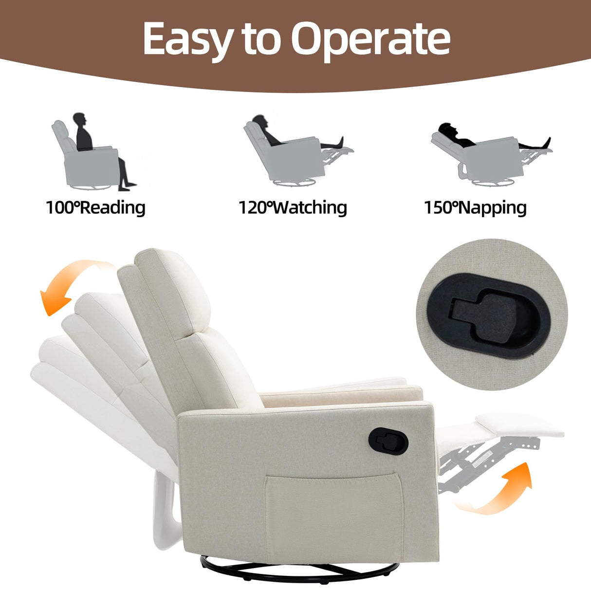 LONWIK Swivel Rocker Recliner Chair for Adults, Upholstered Nursery Rocking Glider with Adjustable Footrest, Lay Flat Recliner Single Lazy Sofa for Living Room, Beige LONWIK