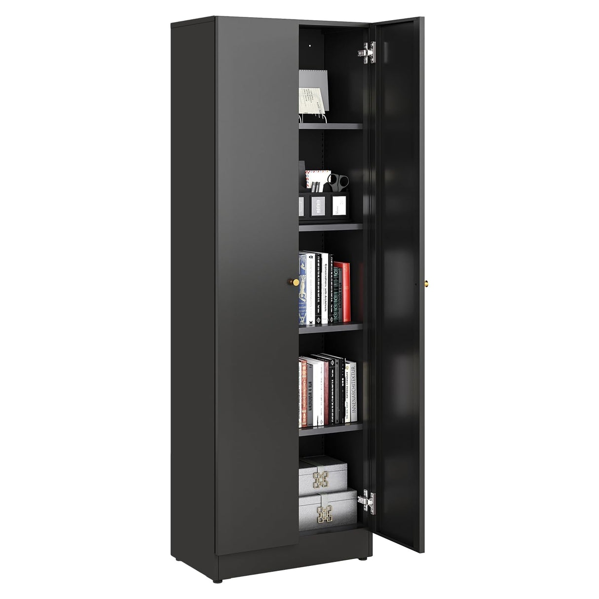 Metal Storage Cabinet with Doors, Black Bookshelf with Adjustable Shelves, Garage Storage Cabinet, 5 Tier File Cabinets, Tall Bookshelf Enclosed Bookcase for Home Office, Living Room, Library Generic