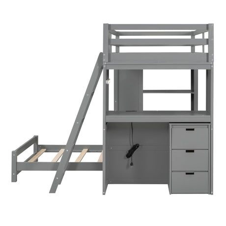 Twin Over Twin Bunk Bed with Desk, USB Ports, LED Light, Storage Drawers & Bookcase - Grey Harper & Bright Designs