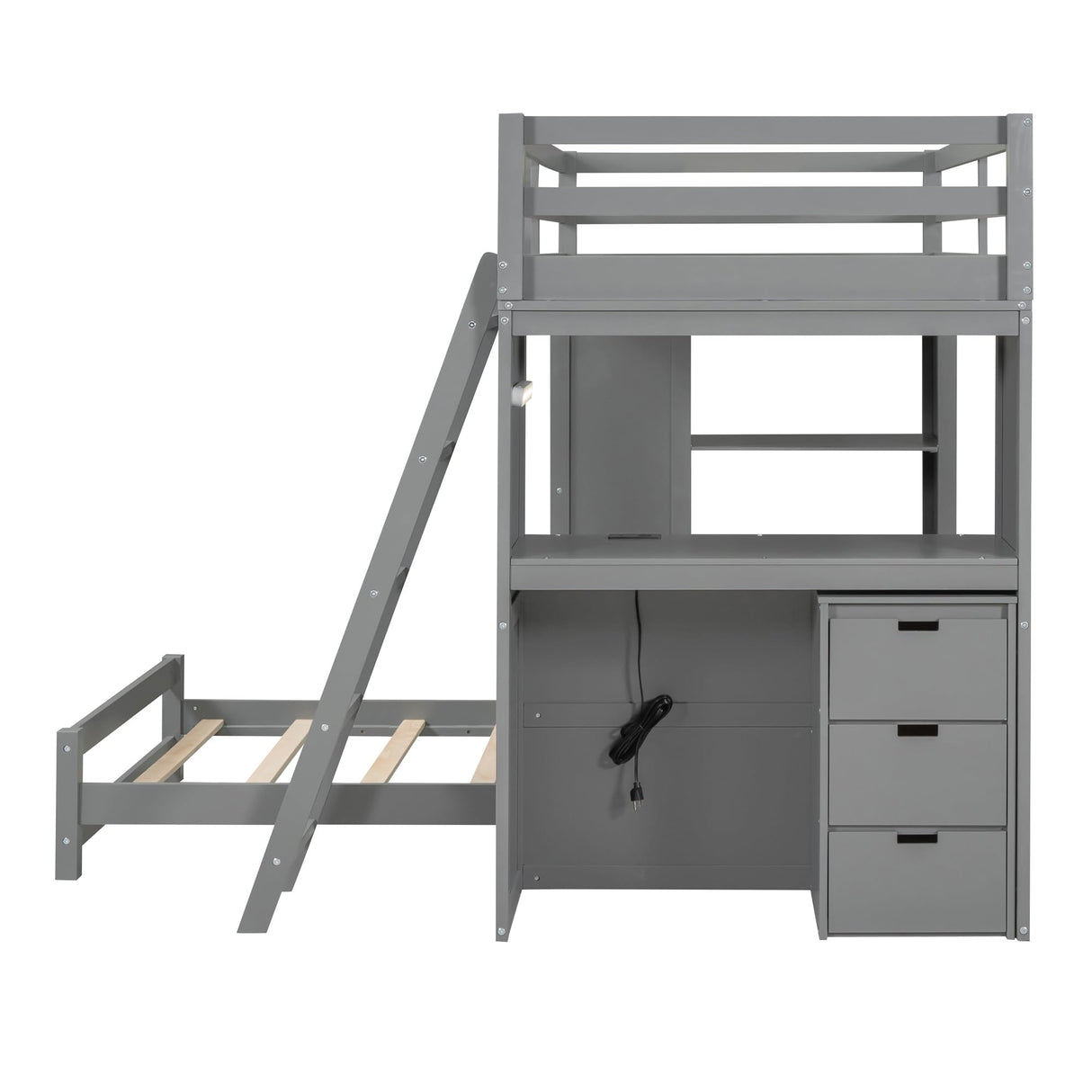 CKLMMC Twin Over Twin Bunk Bed with LED Light, USB Ports, Desks, Bookshelves, and 5 Drawers in Gray CKLMMC