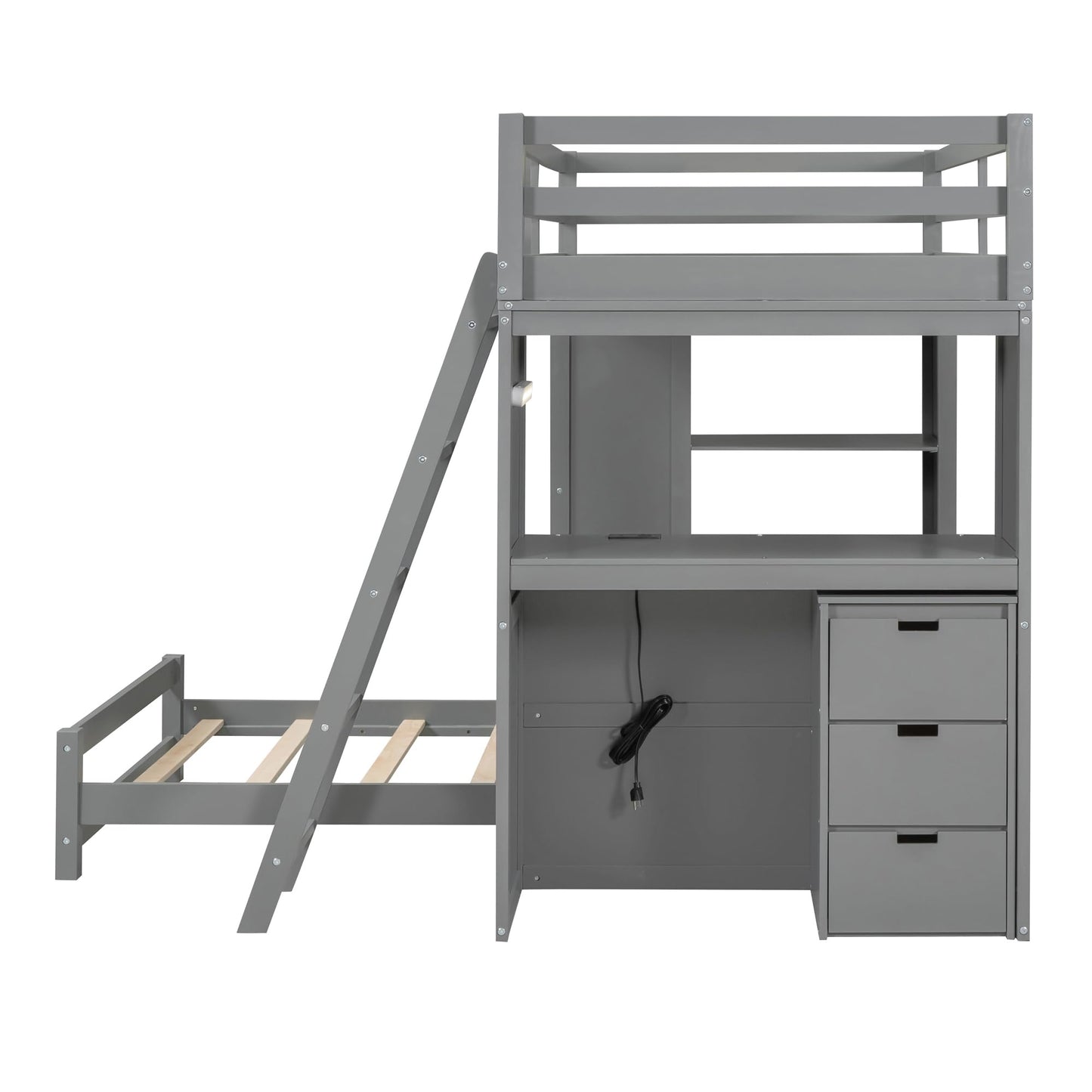 CKLMMC Twin Over Twin Bunk Bed with LED Light, USB Ports, Desks, Bookshelves, and 5 Drawers in Gray - WoodArtSupply