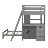 CKLMMC Twin Over Twin Bunk Bed with LED Light, USB Ports, Desks, Bookshelves, and 5 Drawers in Gray CKLMMC