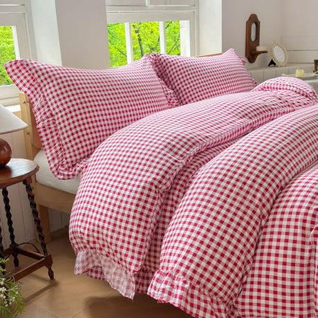 NSNLGSGC Red Gingham Ruffle Duvet Cover Queen Size, 3 Pieces Soft Pre-Washed Microfiber Checked Plaid Comforter Cover Set, Vintage Farmhouse Bedding Set(Red Gingham, Queen 90"x90") NSNLGSGC