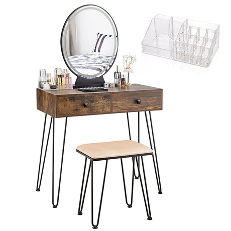 CHARMAID Makeup Vanity Table with Lighted Mirror, 3 Lighting Sets, Adjustable Brightness, 2 Large Drawers, Acrylic Storage Boxes, Girls Bedroom Dressing Table Vanity Set with Stool (Rustic Brown) CHARMAID