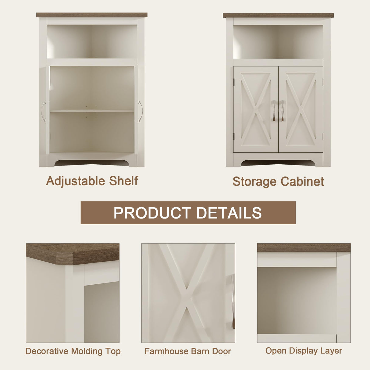 ChooChoo Farmhouse Corner Cabinet, Small Corner Storage Cabinet with Barn Door Design and Adjustable Shelf, Home Space Saver for Living Room, Bathroom, Kitchen, Soft White & Brown ChooChoo