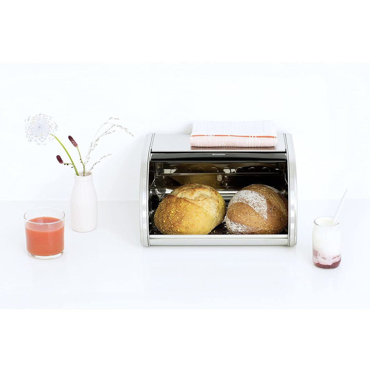 Brabantia Medium Roll Top Bread Box (Matt Steel) Large Grip Front Opening, Partially Flat Top Bread Box, Fits 1 Loaf, Ideal for Kitchen Counter Brabantia