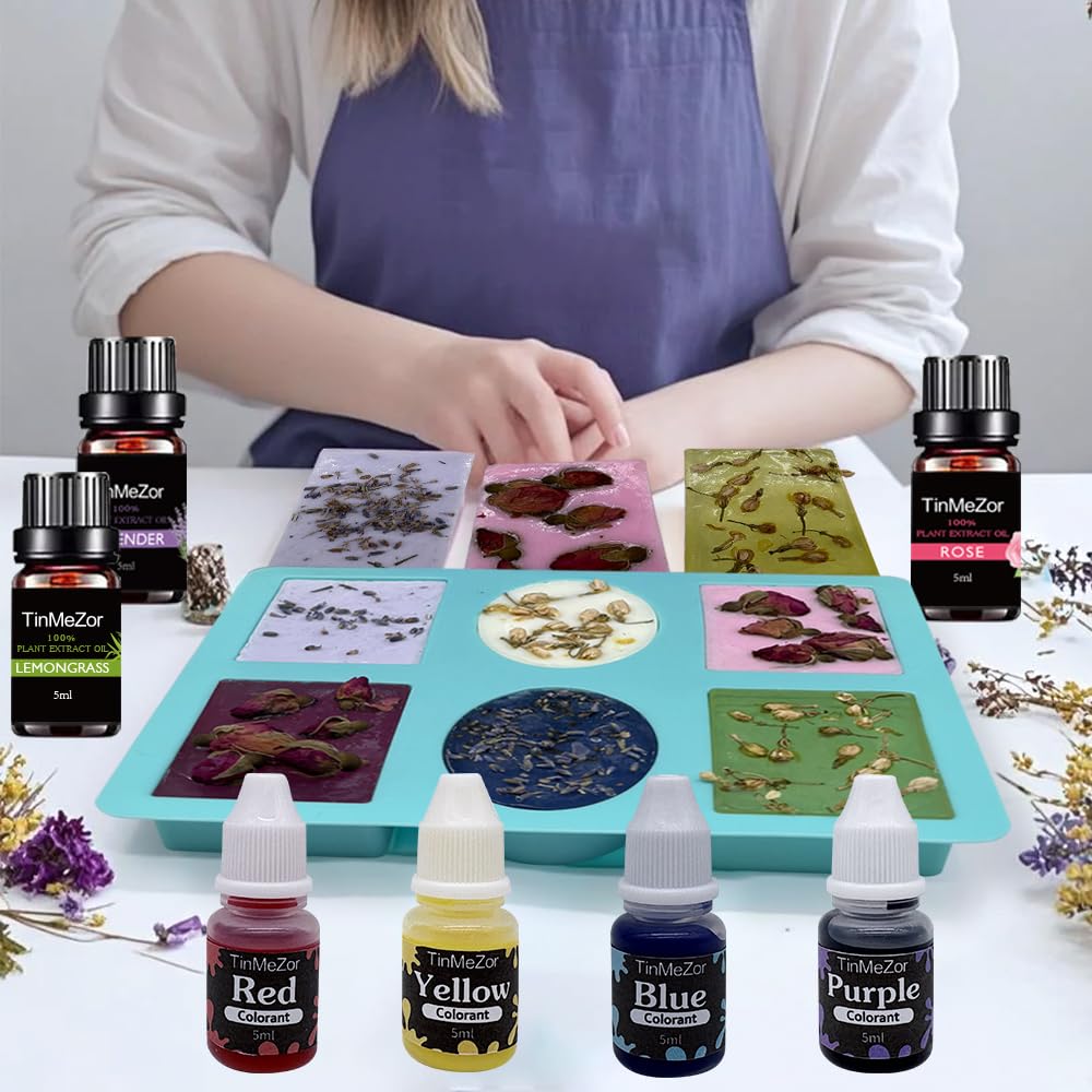 TinMeZor Soap Making Kit for Adults - DIY Natural Soap Supplies Glycerin & Shea Butter Soap Base with Soap Molds, Dried Flowers, Dye and Fragrances- DIY Craft Kit TinMeZor