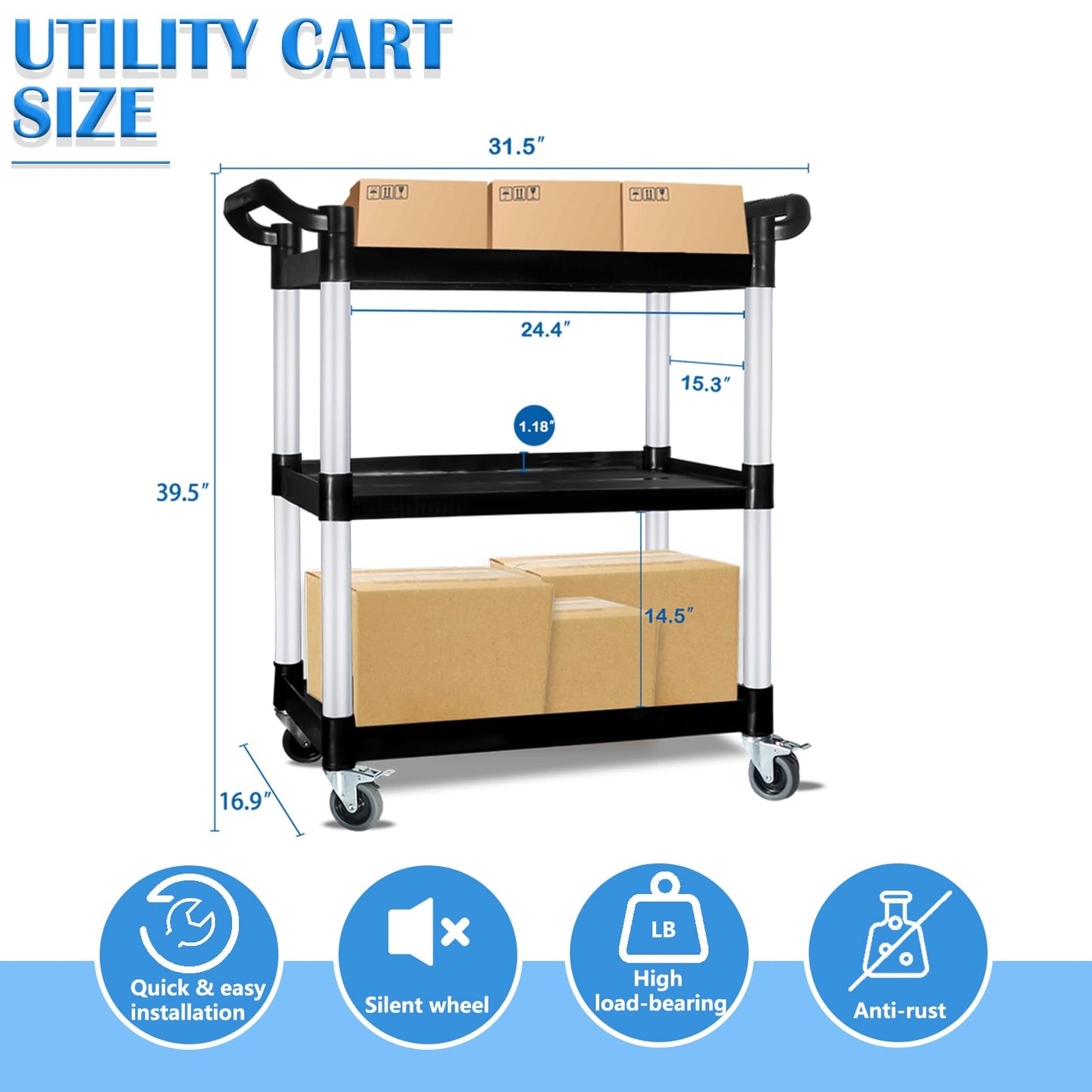 ANRYAGF Utility Carts with Wheels, 3 Tier Rolling Cart with Wheels, Kitchen Food Cart on Wheels, Heavy Duty Cart 510 lbs Capacity, Lockable Wheels, Rubber Hammer, 16.9" D x 31.5" W x 39.5" H