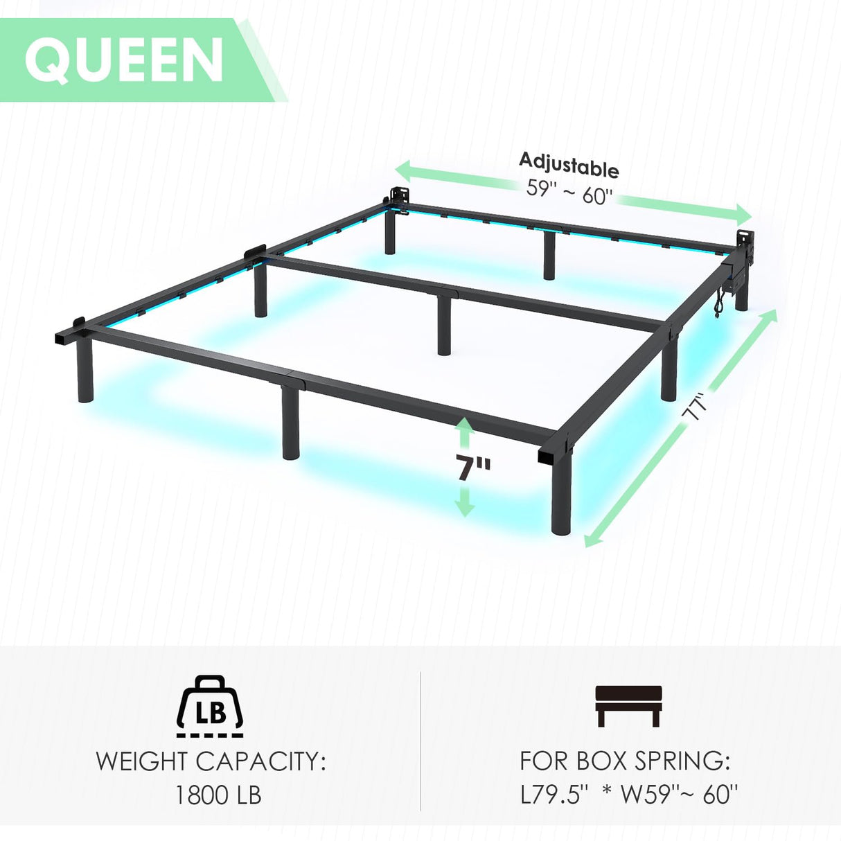 QEROMY Queen Bed Frame for Box Spring, 7 Inch Metal Bed Frame with LED Lights, 9-Legs Support Bed Base, Tool-Free Easy Assembly QEROMY