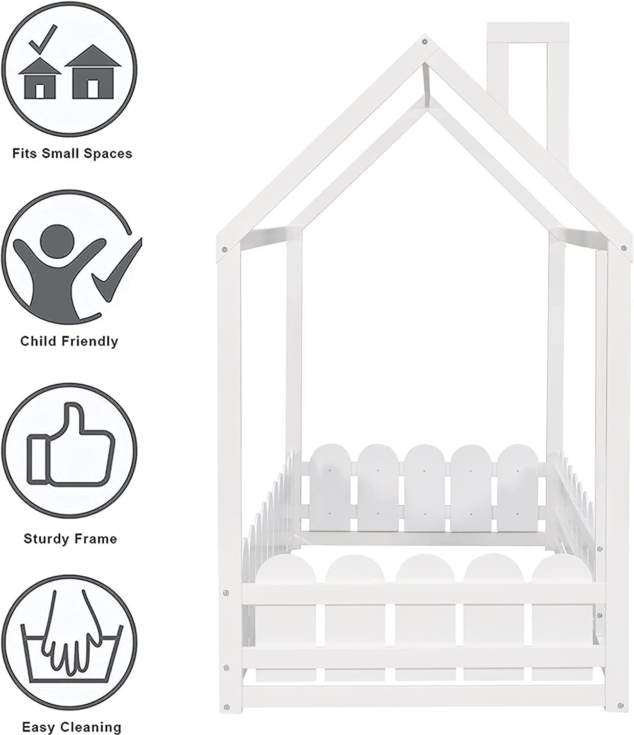 Twin Floor Bed with Fence Rails by Harper & Bright Designs - White Montessori House Bed for Kids - WoodArtSupply